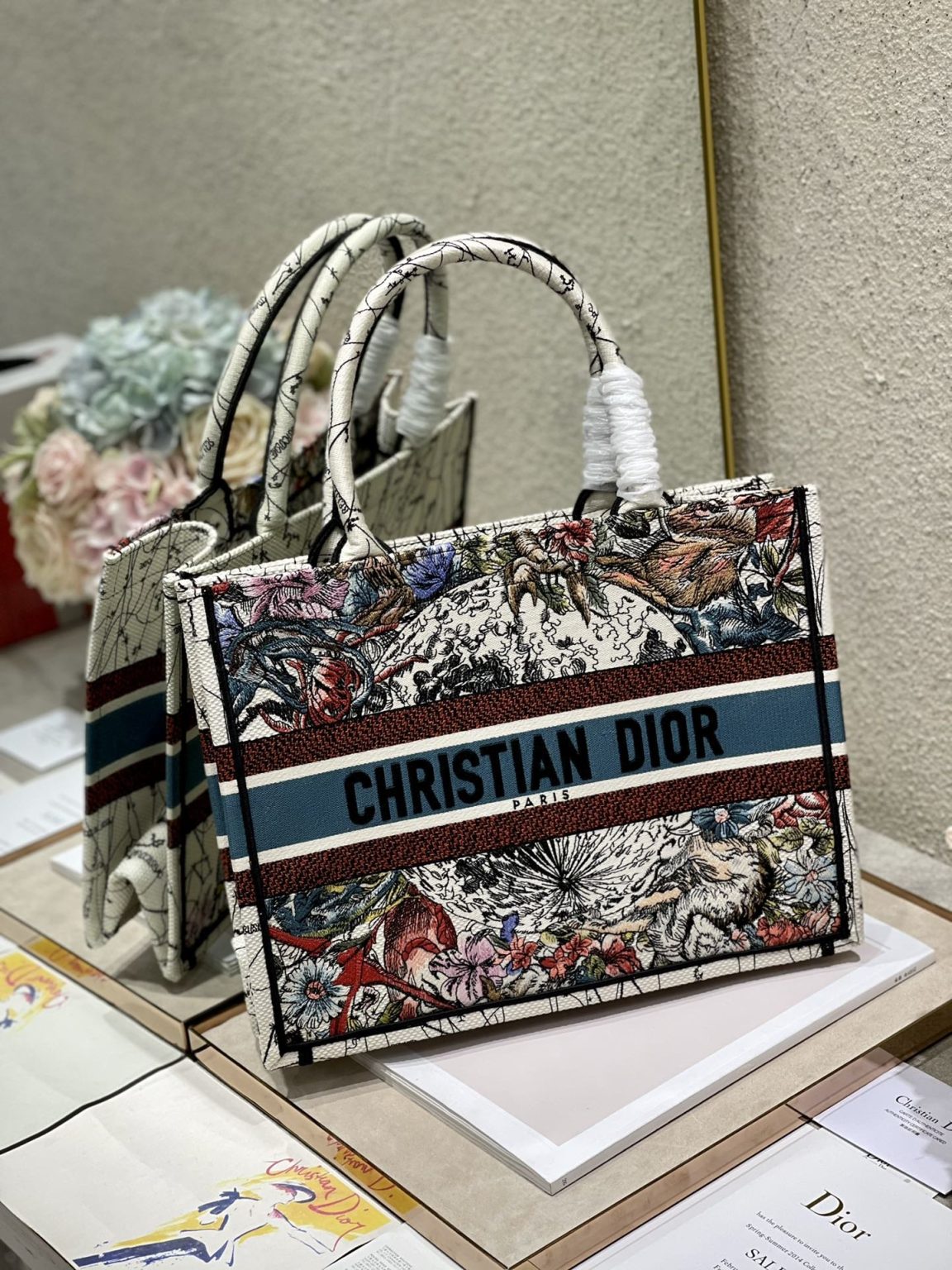 Christian Dior Medium Dior Book Tote Latte Multicolor Dior Zodiac Embroidery, Latte Multicolor, For Women Women’s Handbags, Shoulder Bags, 36cm CD