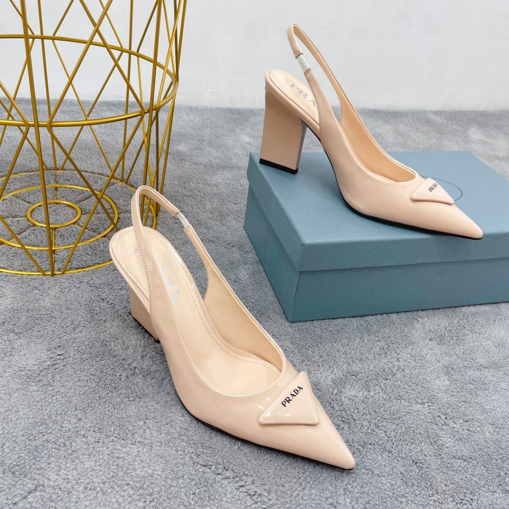 Prada Patent Sling-Back Pumps Beige For Women 3.5in/90mm PRD