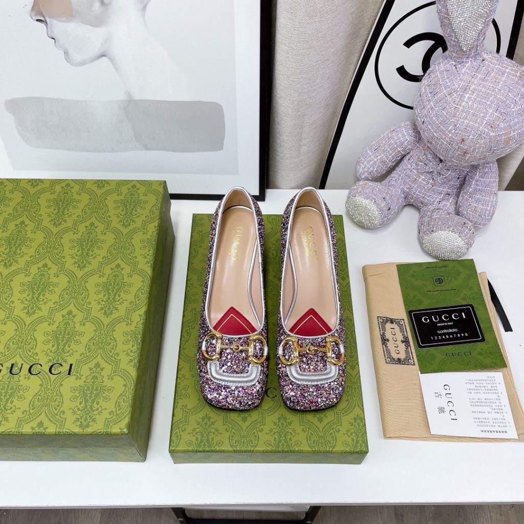 Gucci Lovelight Mid-Heel Crystal Ballet Flat With Horsebit Multicolor For Women GG