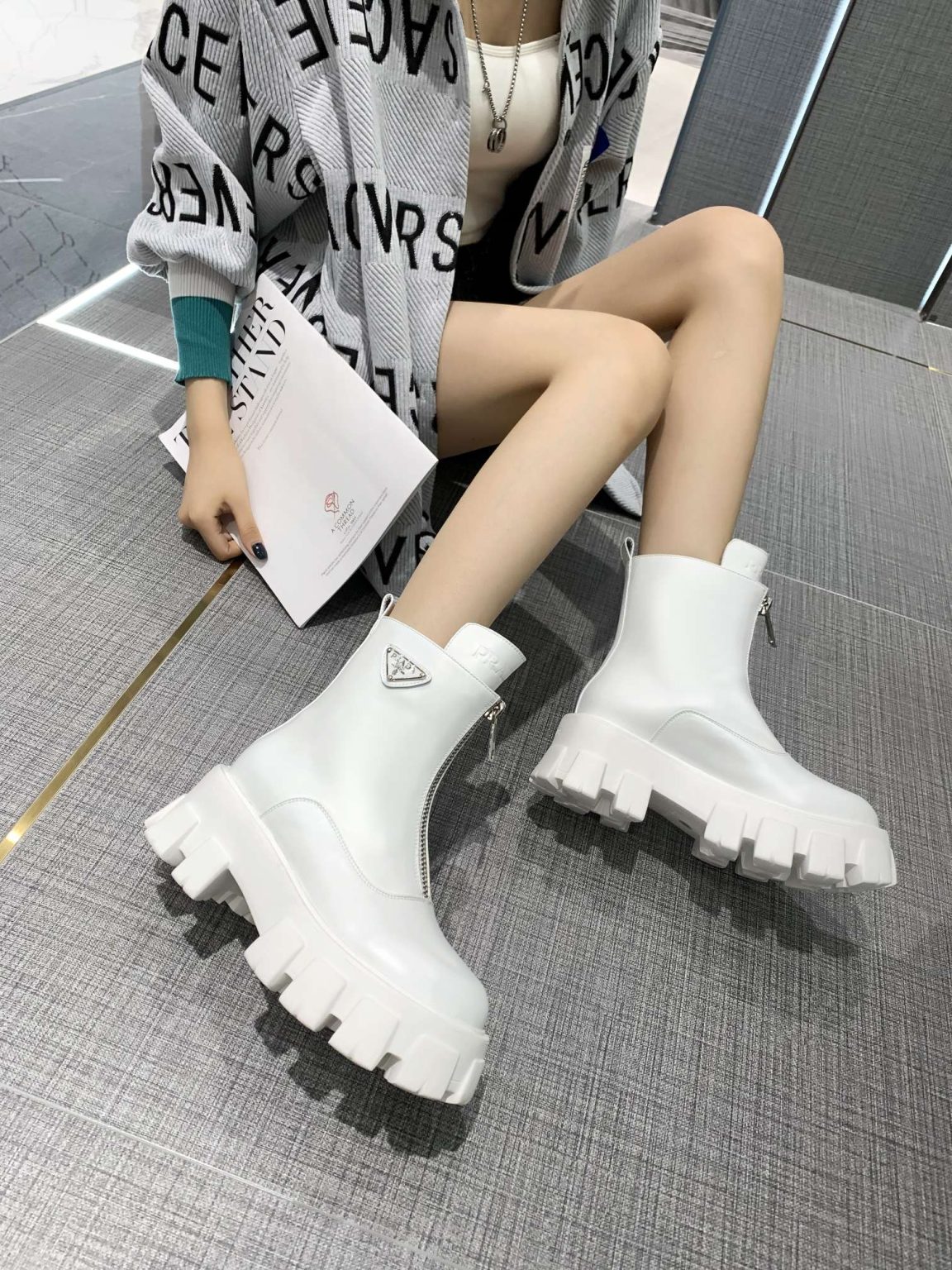 Prada Zipper Ankle Boots White For Women PRD