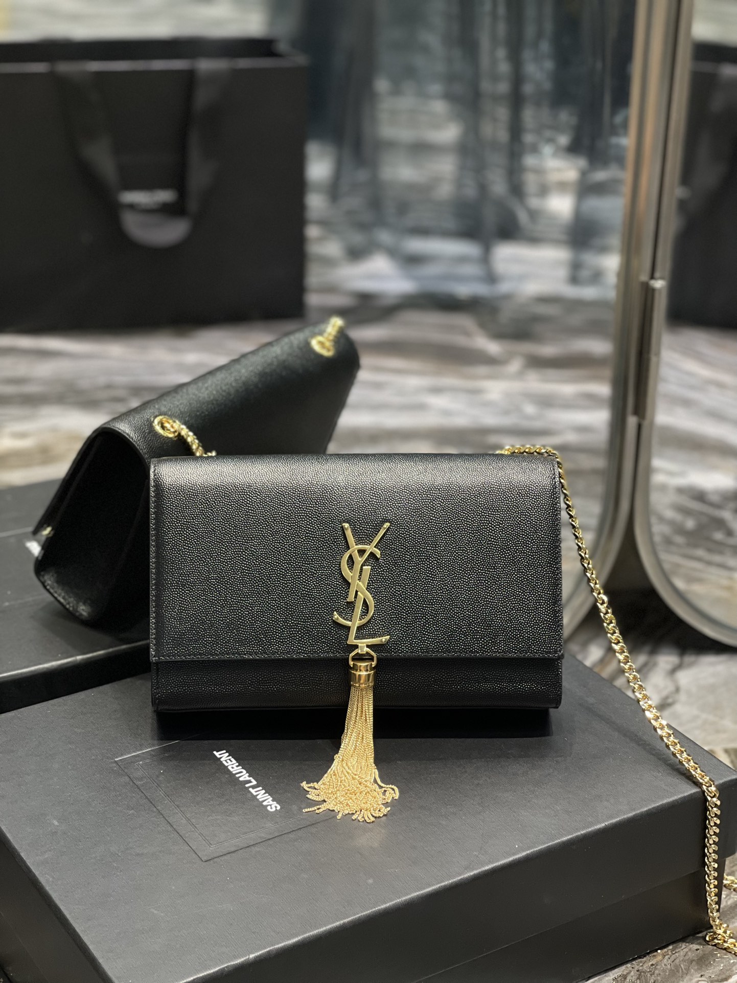 Saint Laurent Kata Medium Chain Bag Black With Tassel For Women 9.4in/24cm YSL 354119BOW0J1000