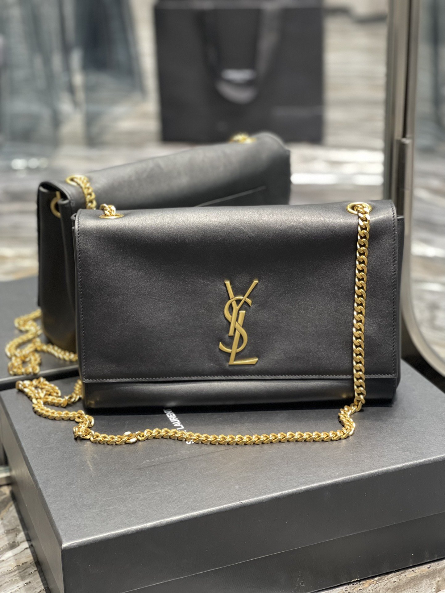 Saint Laurent Kate Medium Reversible Chain Bag Black In Suede With Gold Hardware For Women 11.2in/29cm YSL