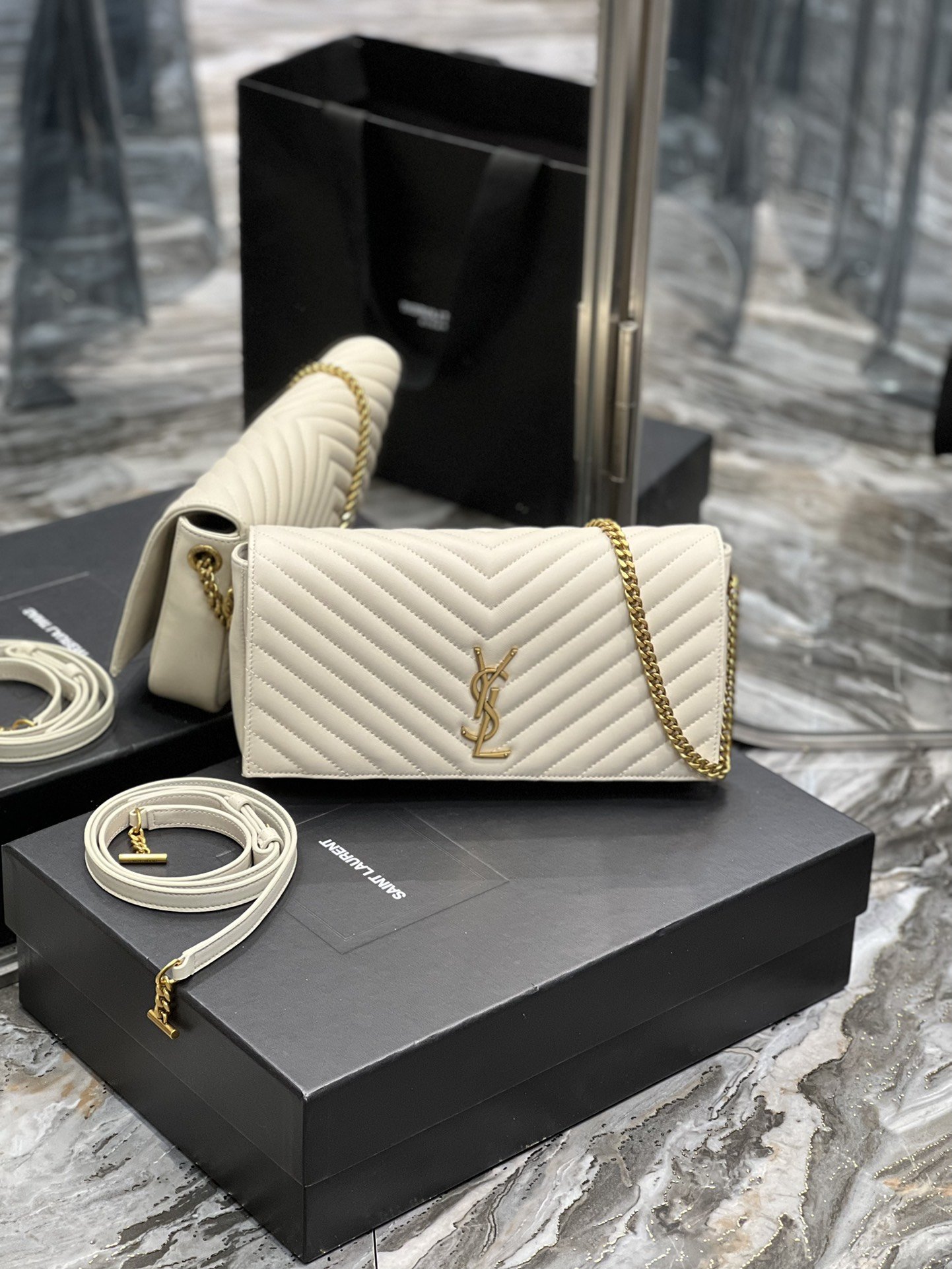 Saint Laurent Kata 99 Chain Bag White With Gold Hardware For Women 10.2in/26cm YSL