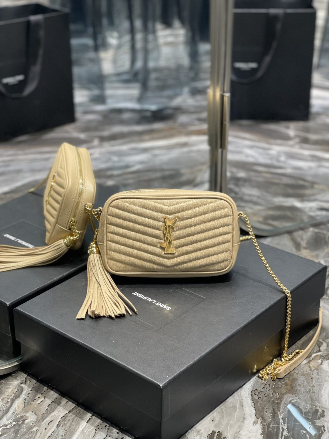 Saint Laurent Lou Mini Bag Beige In Quilted Grain De Poudre With Gold Hardware For Women 7.4in/19cm YSl 6125791GF012721