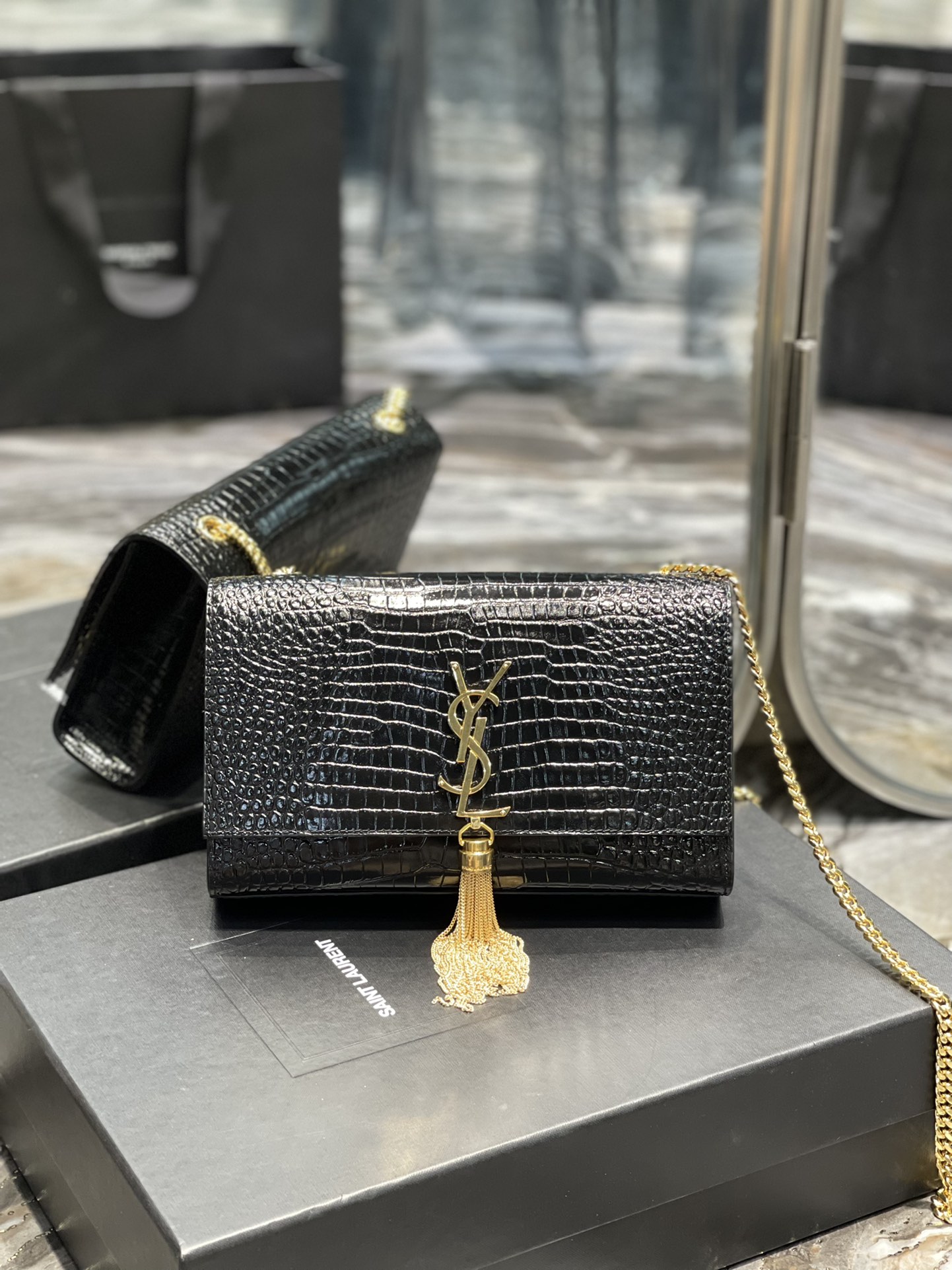 Saint Laurent Kata Medium Chain Bag Black With Tassel For Women 9.4in/24cm YSL 354119DND0J1000