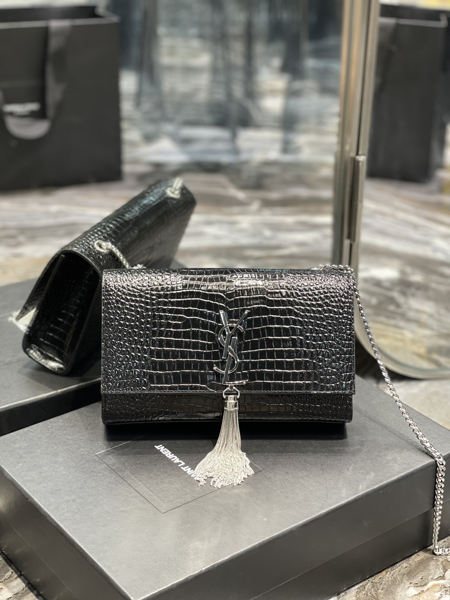 Saint Laurent Kata Medium Chain Bag Black With Tassel For Women 9.4in/24cm YSL 354119DND0N1000