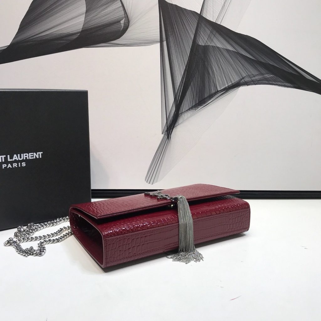 Saint Laurent Kate Medium Chain Bag With Tassel In Embossed Crocodile Burgundy For Women 9.4in/24cm YSL