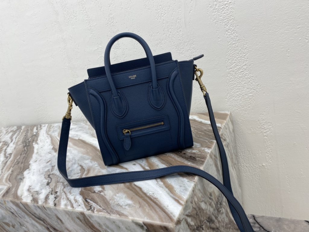 Celine Nano Luggage Bag In Drummed Dark Blue For Women 8in/20cm