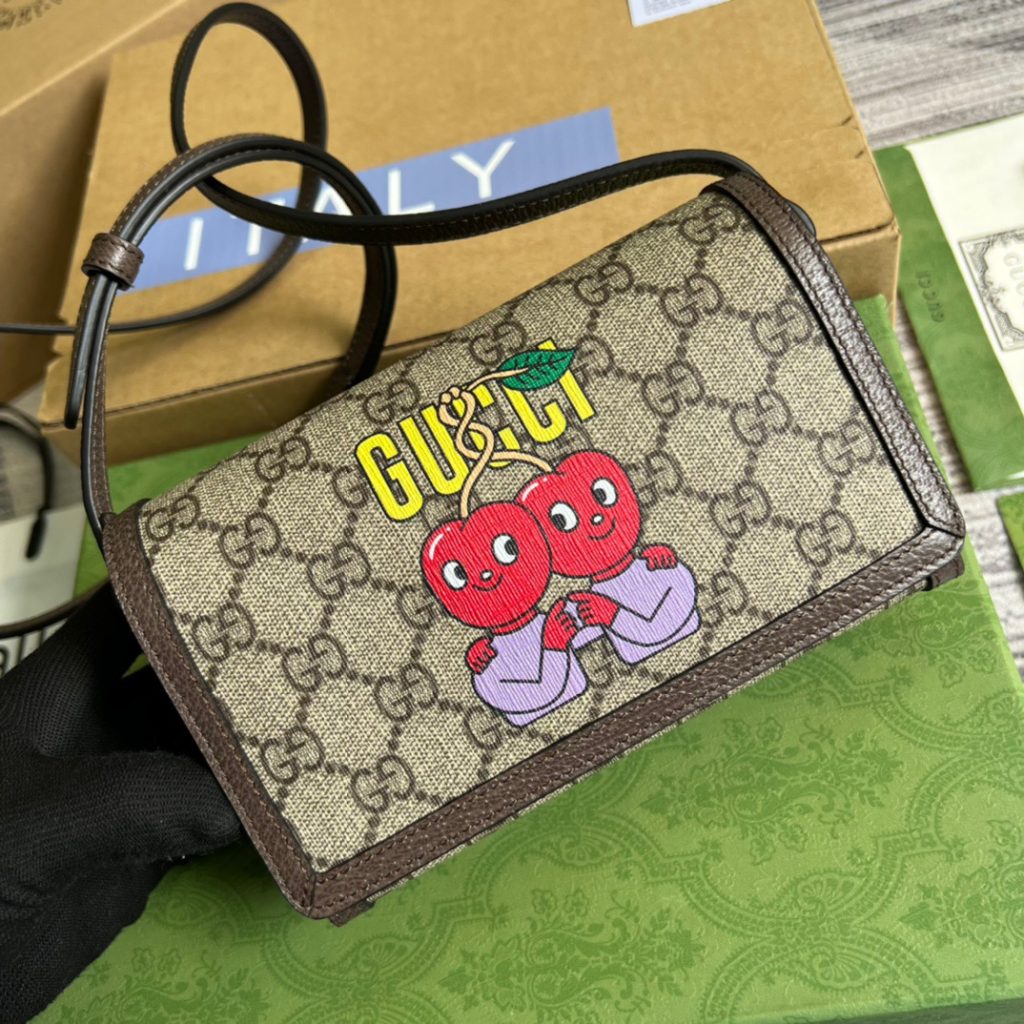 Gucci Mini Printed Monogrammed Coated-Canvas Messenger Bag Beige And Ebony GG Supreme Canvas For Women  7.1in/18cm GG 1647597277738776