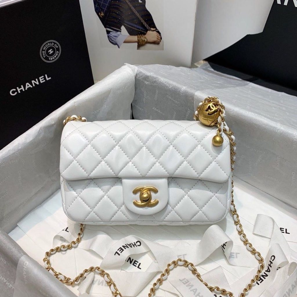 Chanel Flap Bag With CC Ball On Strap White For Women, Women’s Handbags, Shoulder And Crossbody Bags 7.8in/20cm AS1787