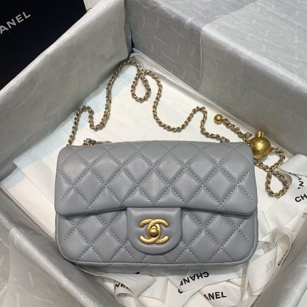 Chanel Flap Bag With CC Ball On Strap Grey For Women, Women’s Handbags, Shoulder And Crossbody Bags 7.8in/20cm AS1787