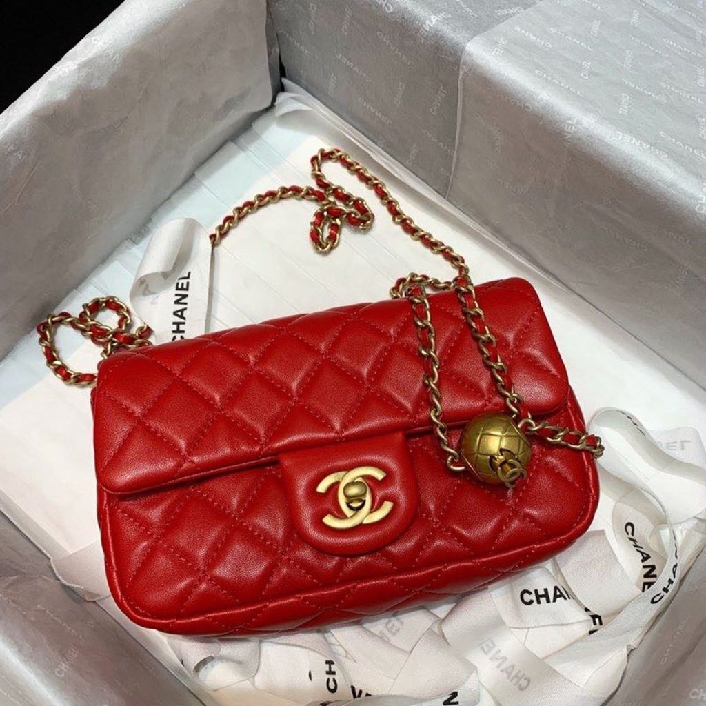 Chanel Flap Bag With CC Ball On Strap Red For Women, Women’s Handbags, Shoulder And Crossbody Bags 7.8in/20cm AS1787