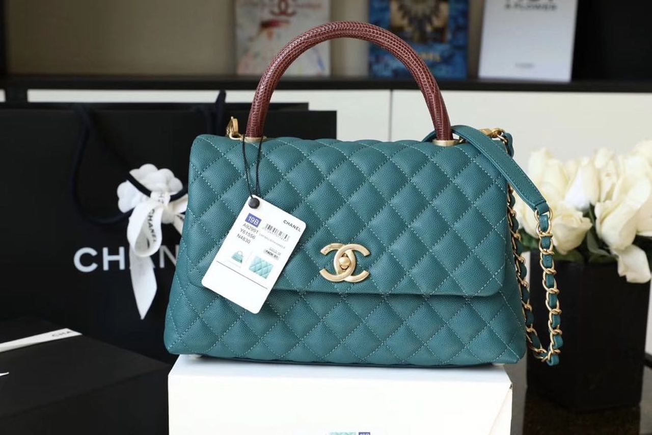 Chanel Large Flap Bag With Top Handle Teal For Women, Women’s Handbags, Shoulder And Crossbody Bags 11in/28cm A92991