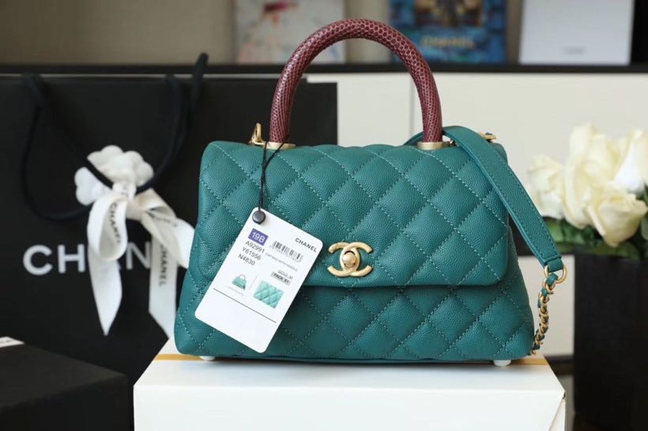 Chanel Medium Flap Bag With Top Handle Teal For Women, Women’s Handbags, Shoulder And Crossbody Bags 9in/23cm A92990