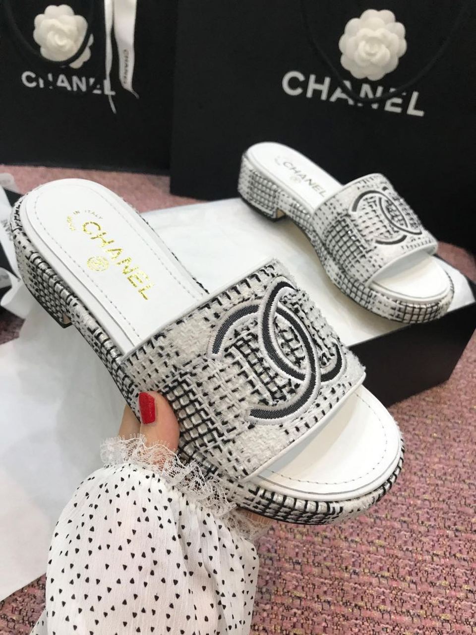 Chanel Mules White/Gray For Women, Women’s Shoes