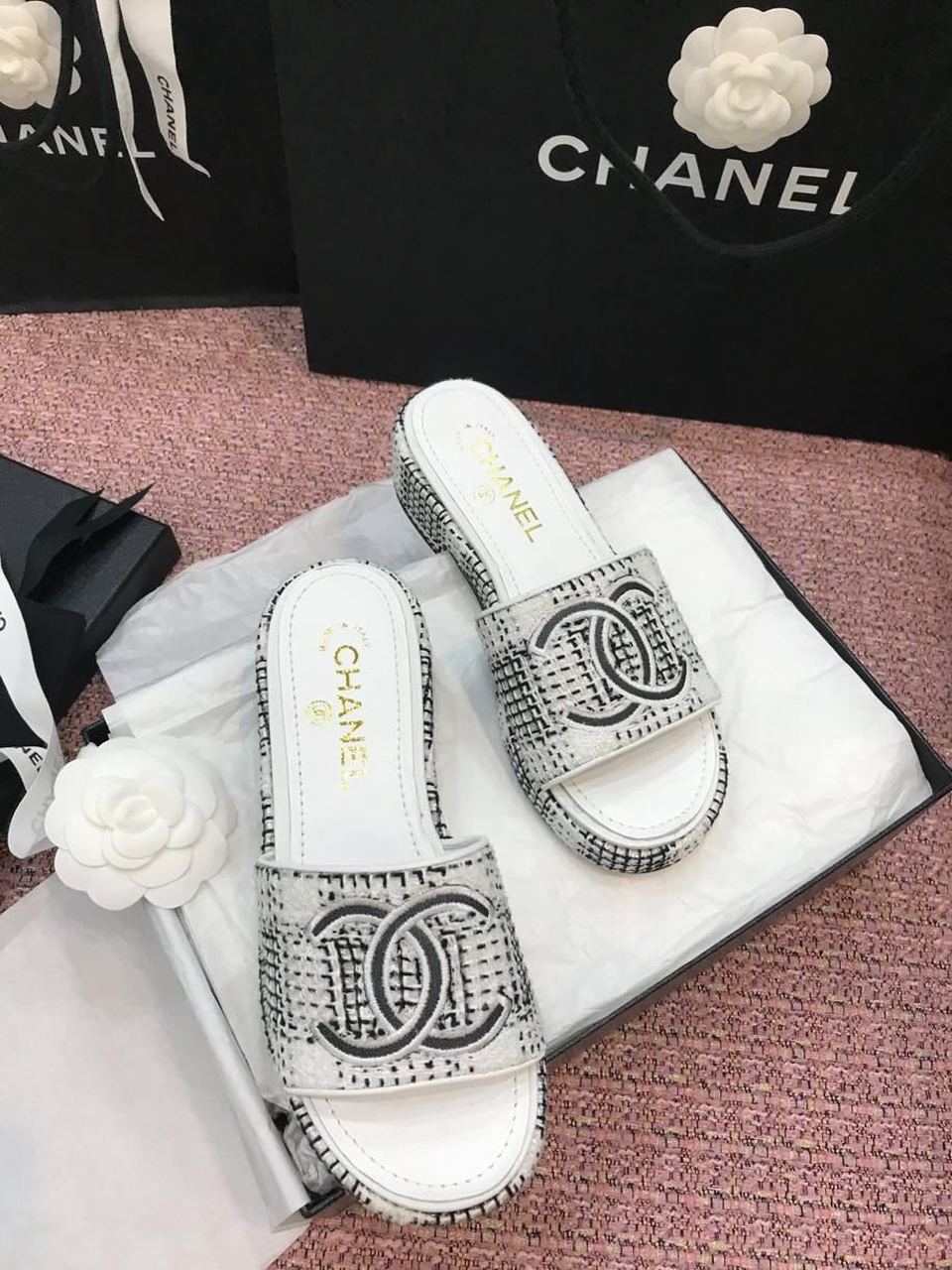 Chanel Mules White/Gray For Women, Women’s Shoes