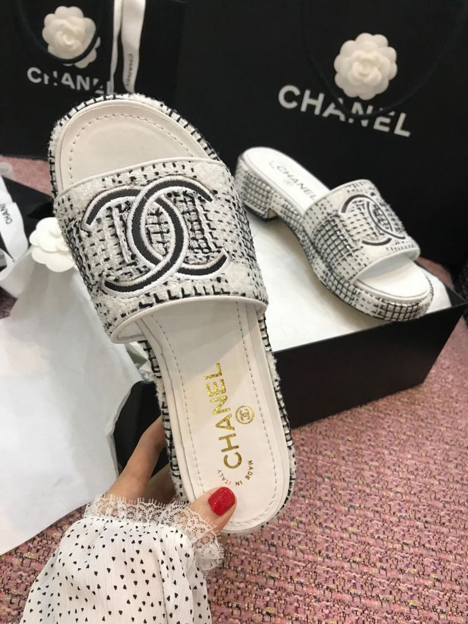 Chanel Mules White/Gray For Women, Women’s Shoes