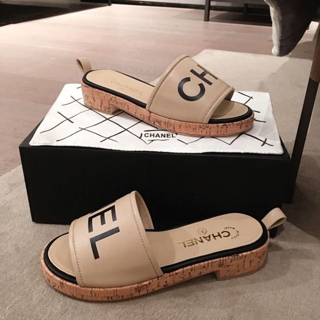 Chanel Woven Chain Cork Sandals Tweed Beige/Black For Women, Women’s Shoes