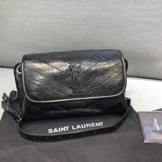 Saint Laurent Niki Medium Crinkled Shoulder Bag Black For Women 11in/28cm YSL