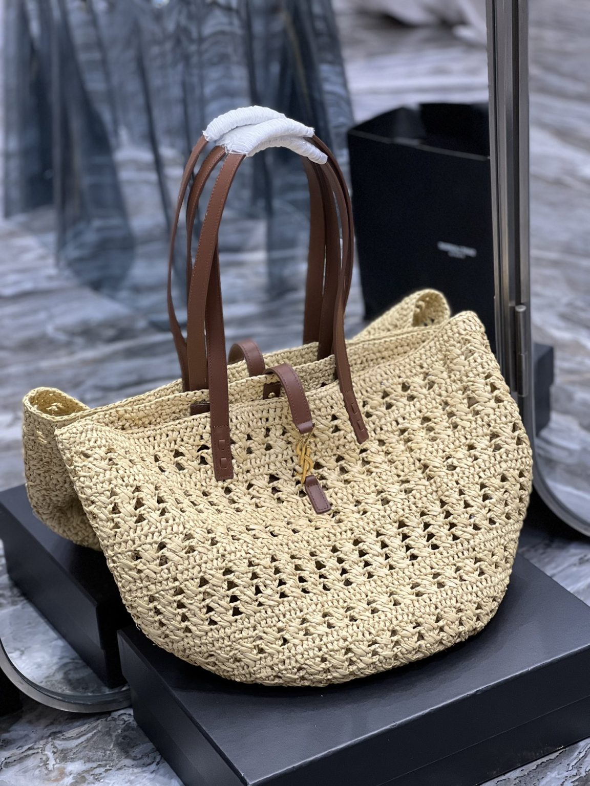 Saint Laurent Hollow Straw Woven Tote Bag Yellow For Women, Women’s Bags 21.6in/55cm YSL