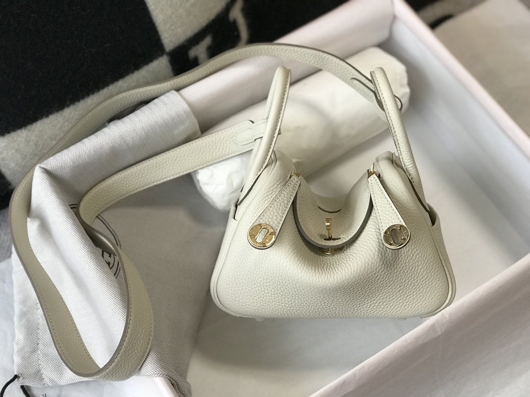 Hermes Lindy Mini White Togo Bag With Gold Hardware For Women, Women’s Handbags, Shoulder And Crossbody Bags 7.5in/19cm