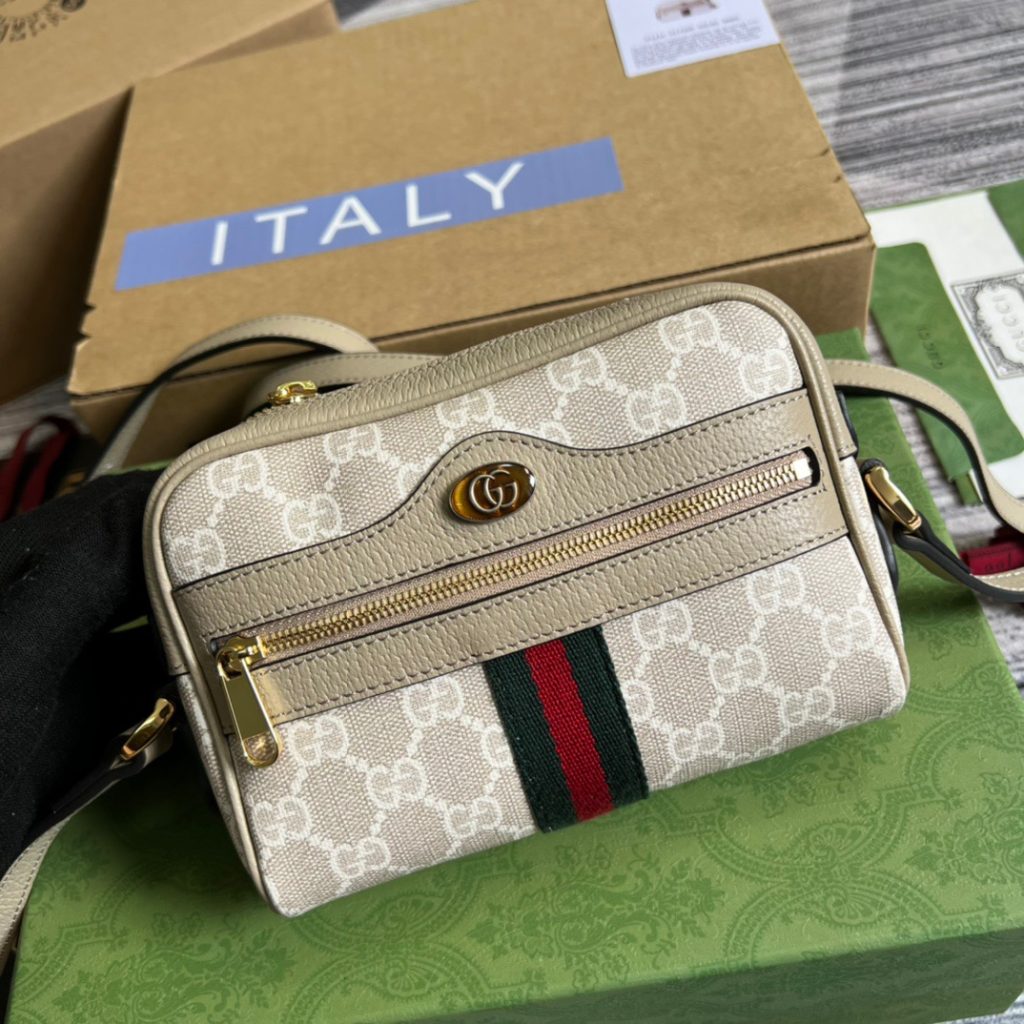 Gucci Ophidia Mini GG Bag Beige And Ebony GG Supreme Canvas, With Beige For Women  7in/17.5cm GG