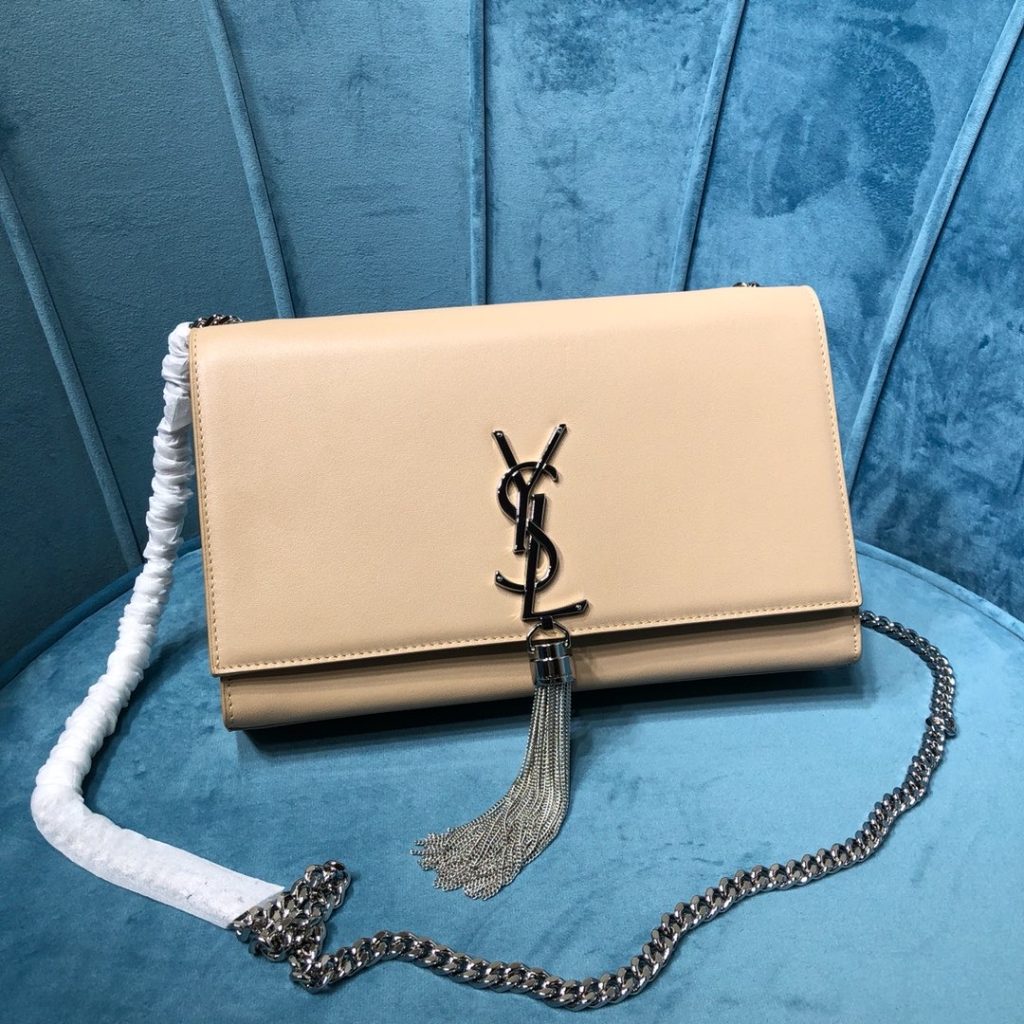 Saint Laurent Kate Medium Chain Bag With Tassel In Grain De Poudre Beige For Women 9.4in/24cm YSL