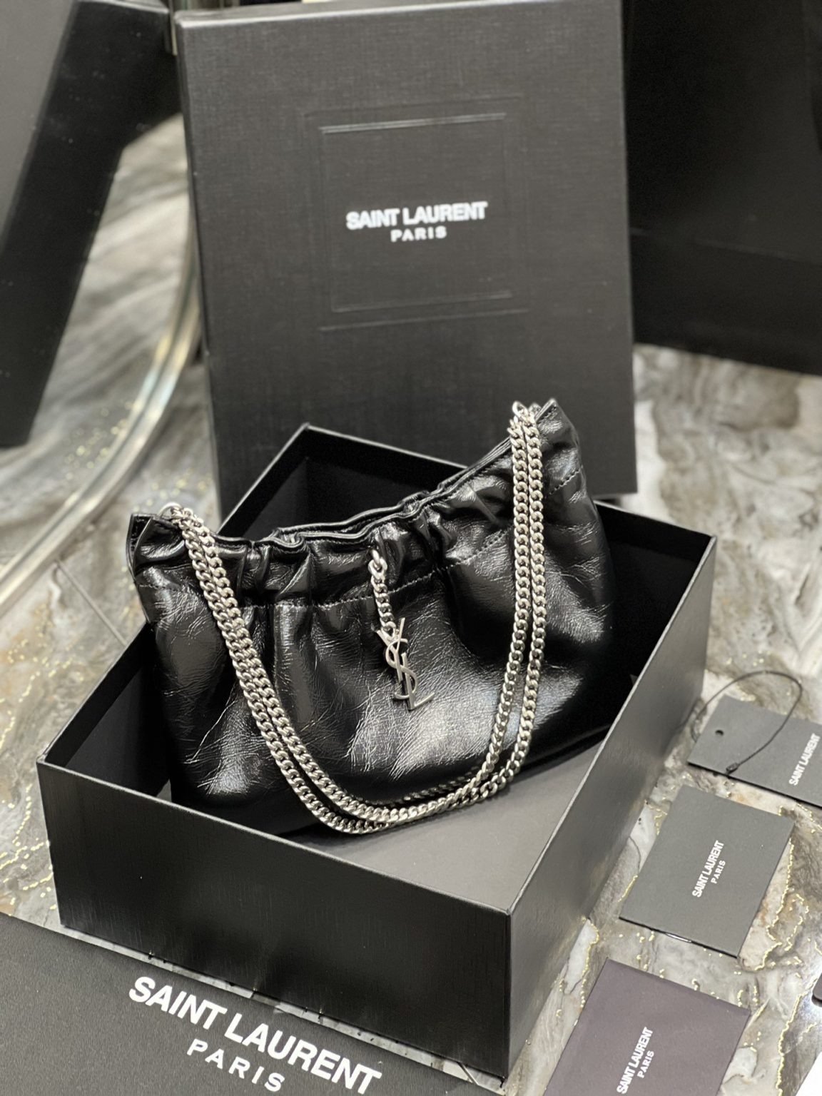 Saint Laurent Hobo Mini Bag Black With Silver Hardware For Women 9.4in/24cm YSl