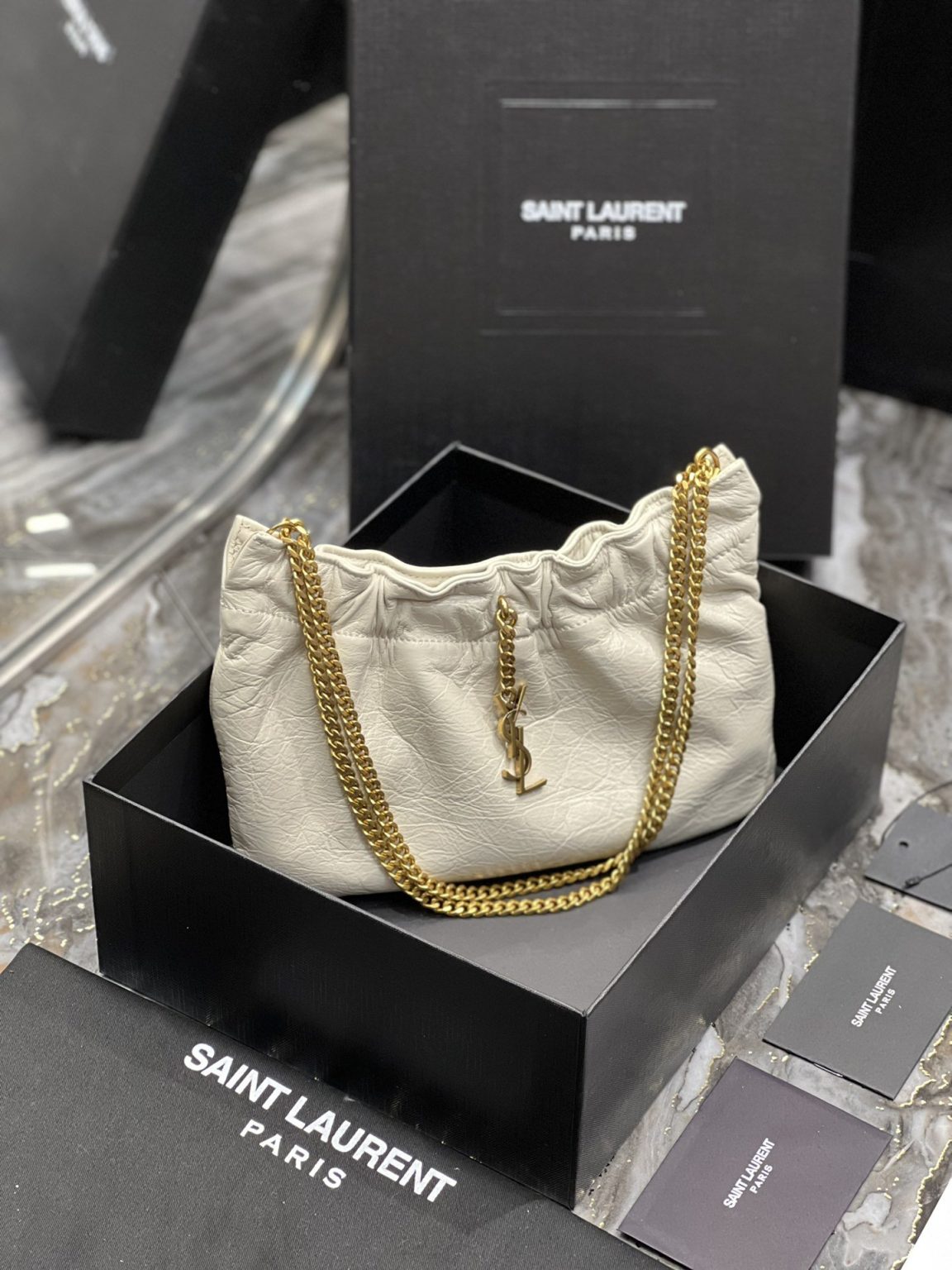 Saint Laurent Hobo Mini Bag White With Bronze Toned Hardware For Women 9.4in/24cm YSl