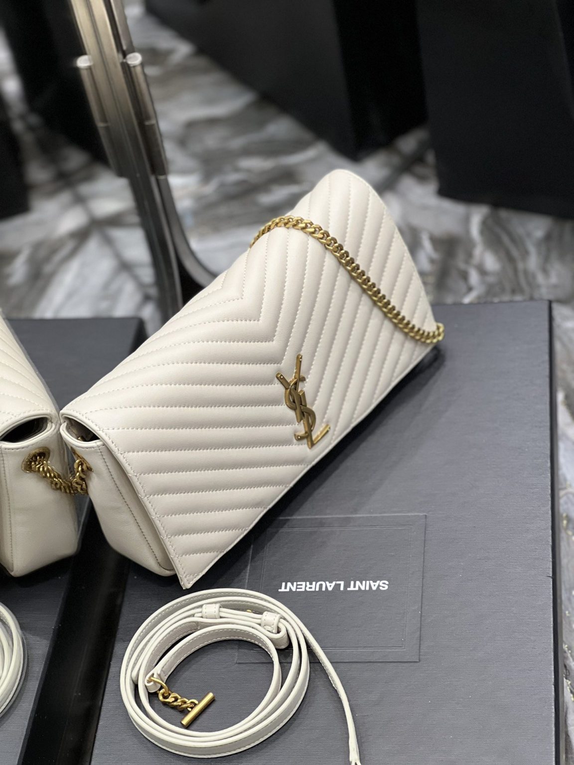 Saint Laurent Kata 99 Chain Bag White With Gold Hardware For Women 10.2in/26cm YSL