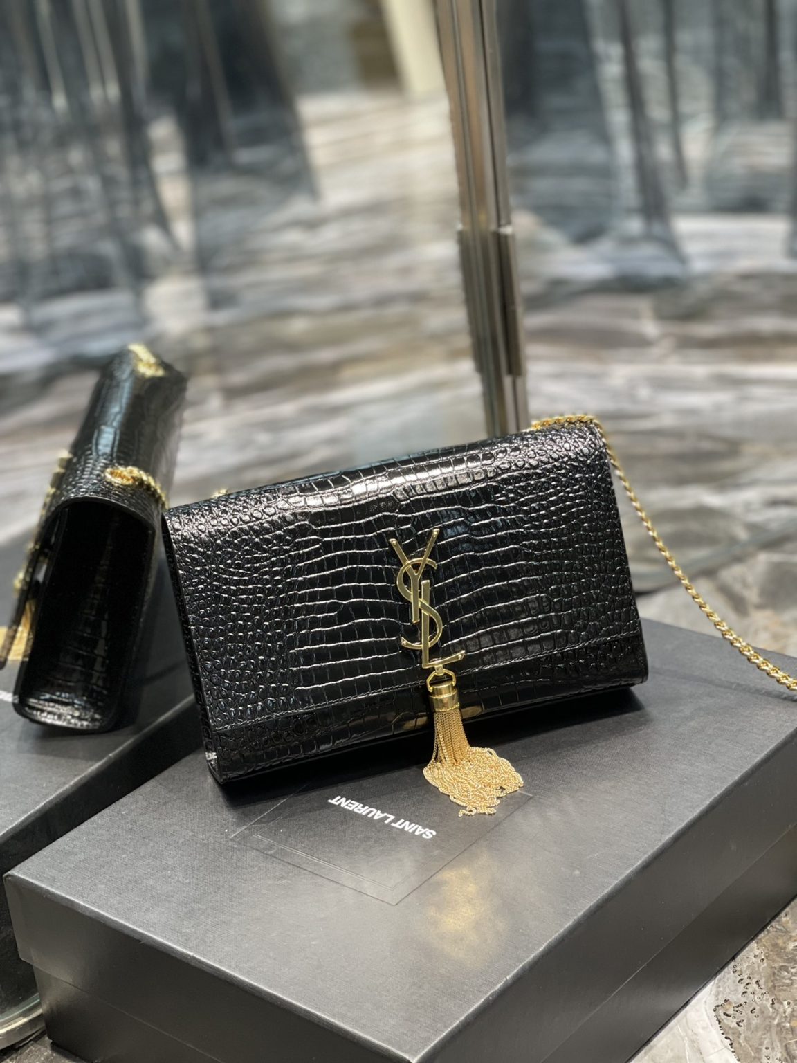 Saint Laurent Kata Medium Chain Bag Black With Tassel For Women 9.4in/24cm YSL 354119DND0J1000