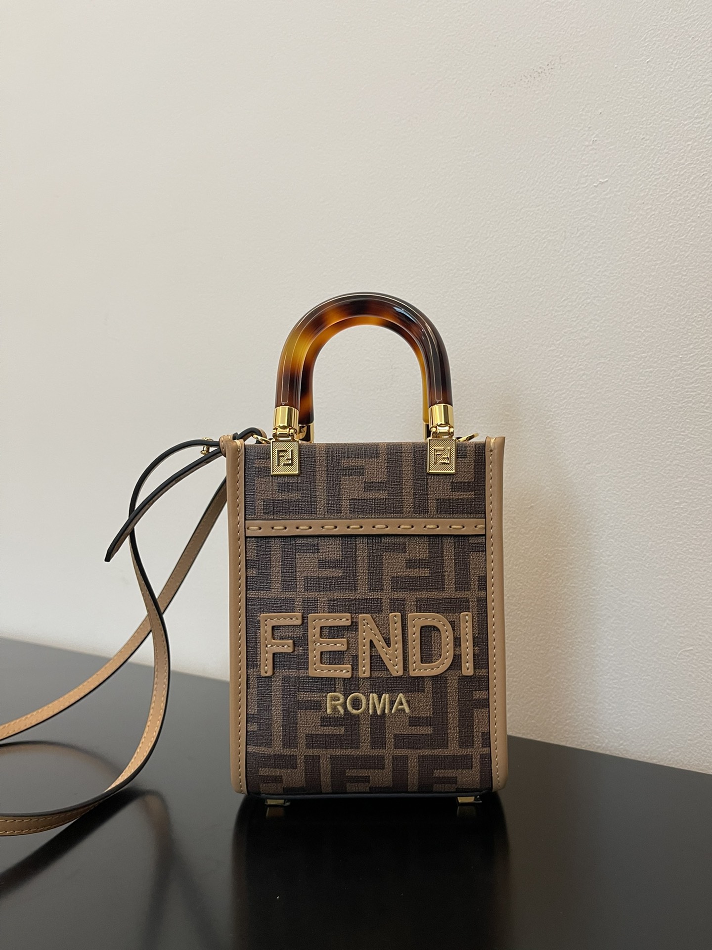 Fendi Sunshine Shopper Brown FF Fabric Brown Mini Bag For Woman 13cm/5in