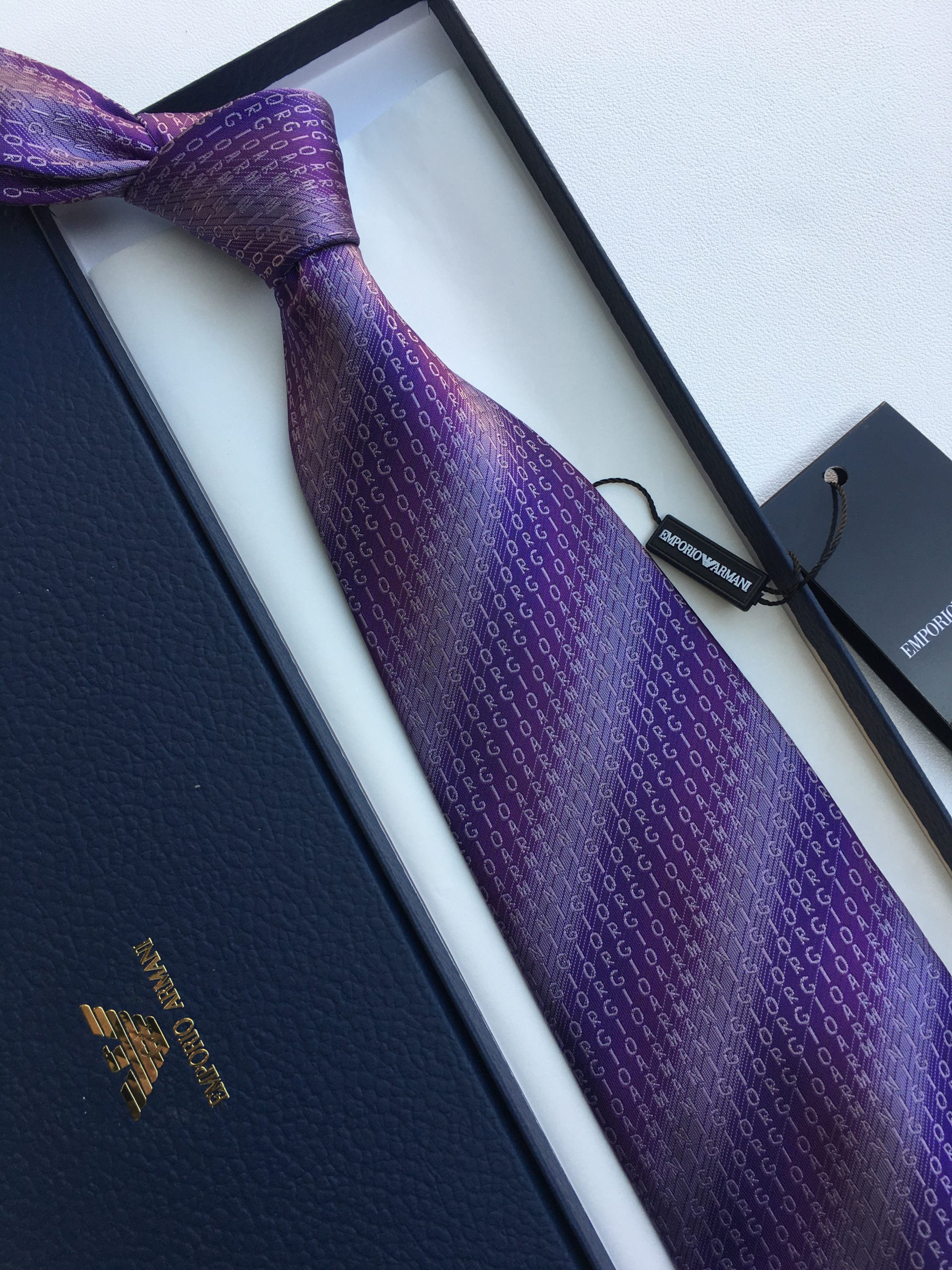 Armani Tie With Embroidered Text Violet Armani Men Tie