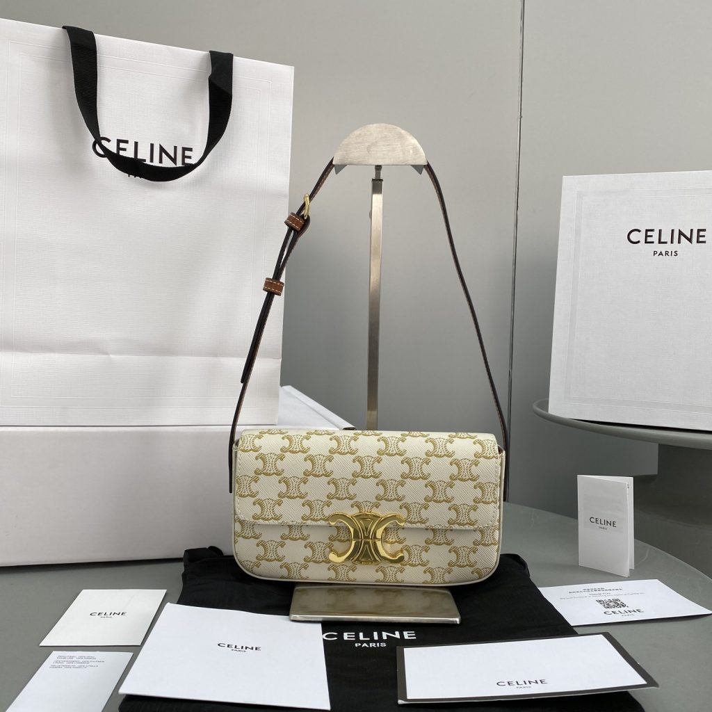 Celine Triomphe Shoulder Bag In Triomphe Canvas White For Women 8in/20cm 194142CUZ.01BC