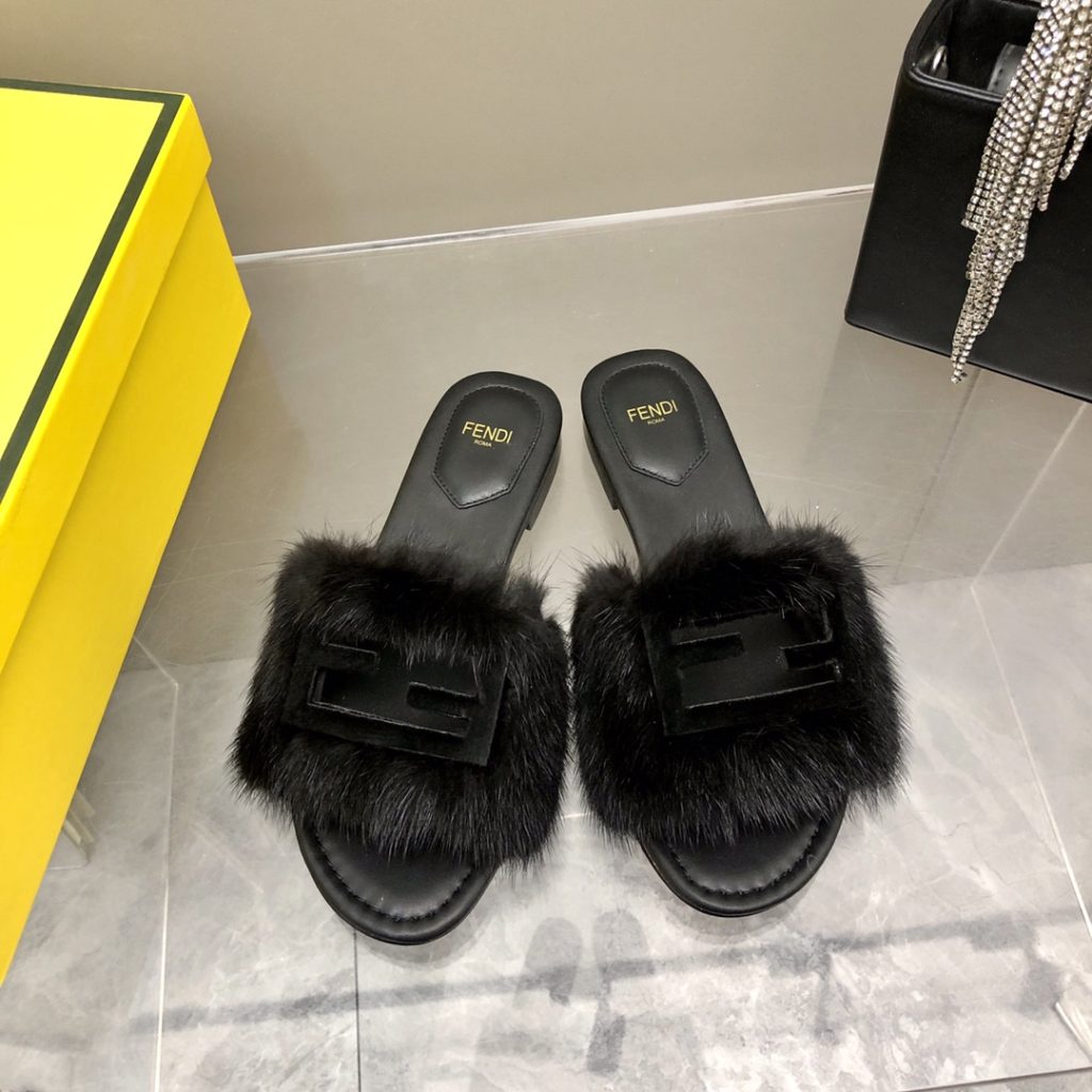 Fendi Signature Black Mink Slides For Women