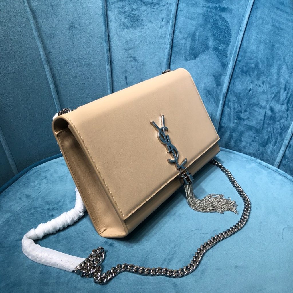 Saint Laurent Kate Medium Chain Bag With Tassel In Grain De Poudre Beige For Women 9.4in/24cm YSL