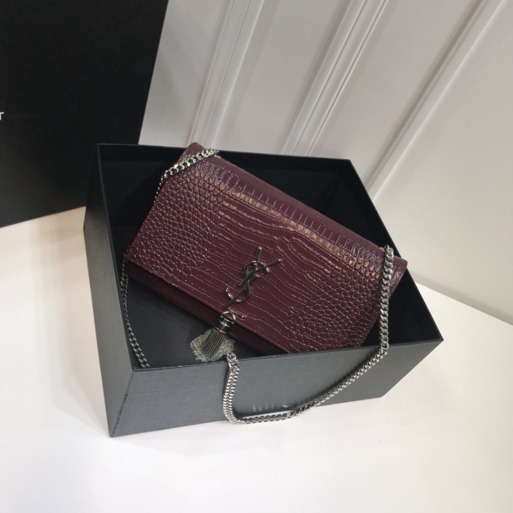 Saint Laurent Kate Medium Chain Bag With Tassel In Embossed Crocodile Dark Violet For Women 9.4in/24cm YSL