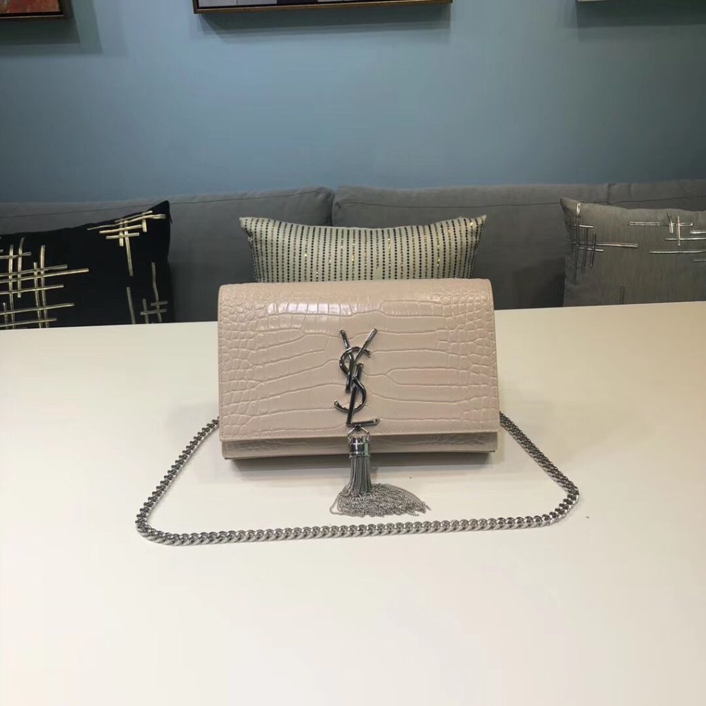 Saint Laurent Kate Small Chain Bag With Tassel In Embossed Beige For Women 7.8in/20cm YSL