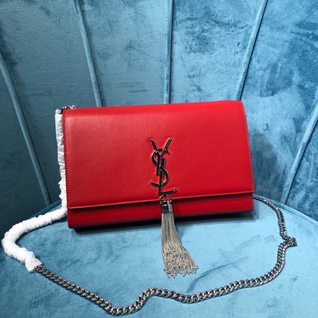 Saint Laurent Kate Medium Chain Bag With Tassel In Grain De Poudre Red For Women 9.4in/24cm YSL