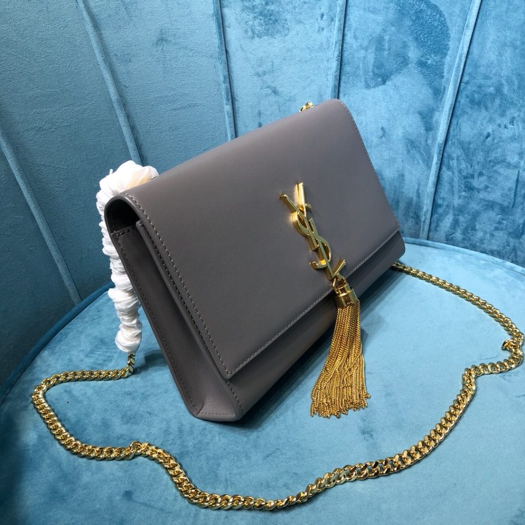 Saint Laurent Kate Medium Chain Bag With Tassel In Grain De Poudre Grey For Women 9.4in/24cm YSL