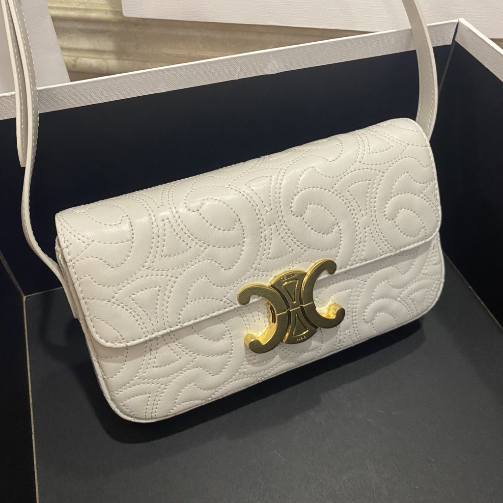 Celine Triomphe Shoulder Bag In Quilted Triomphe Lambskin White For Women 8in/20cm 194143EF4.01BC