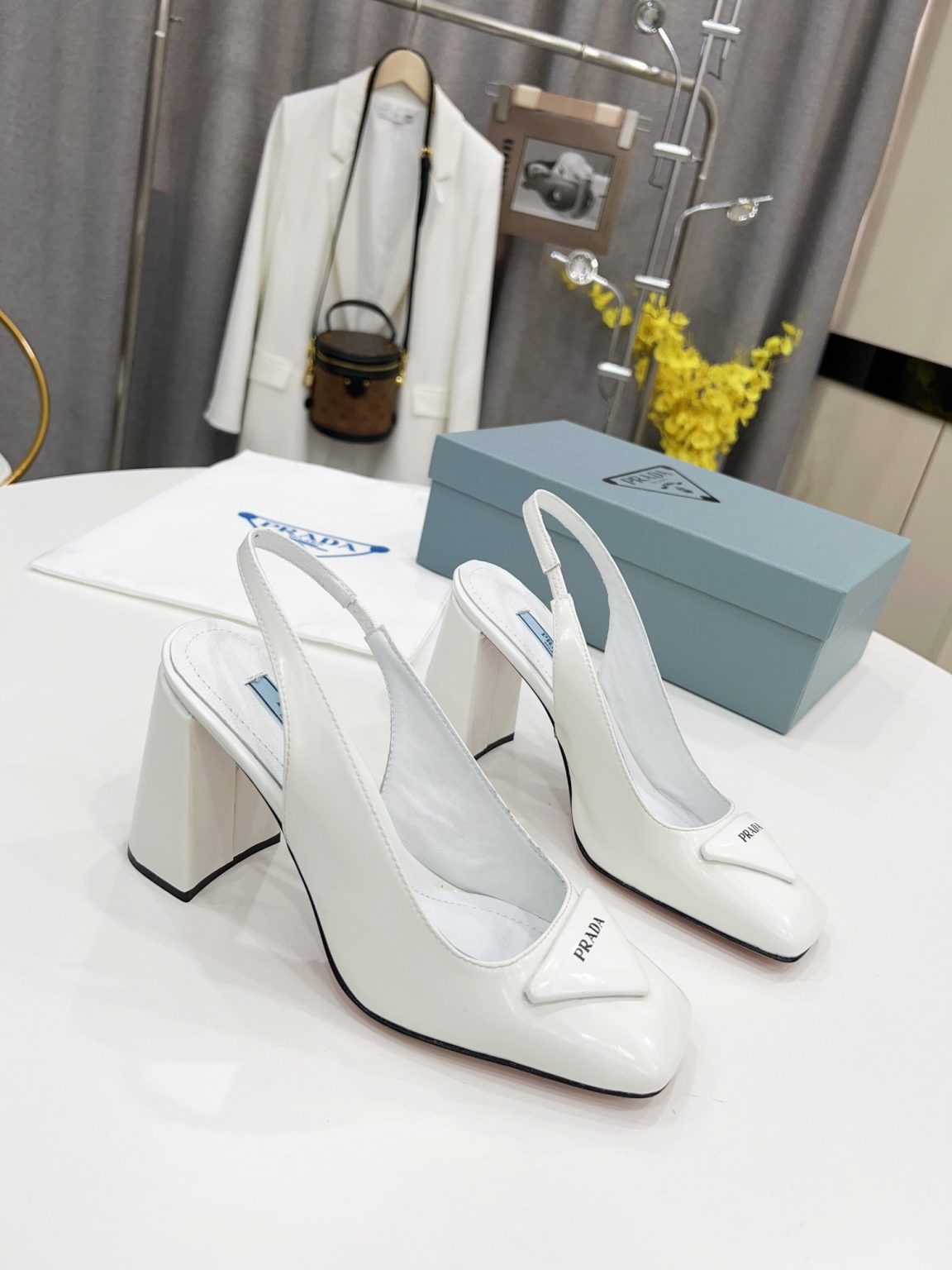 Prada Patent Sling-Back Pumps White For Women 3.5in/90mm PRD