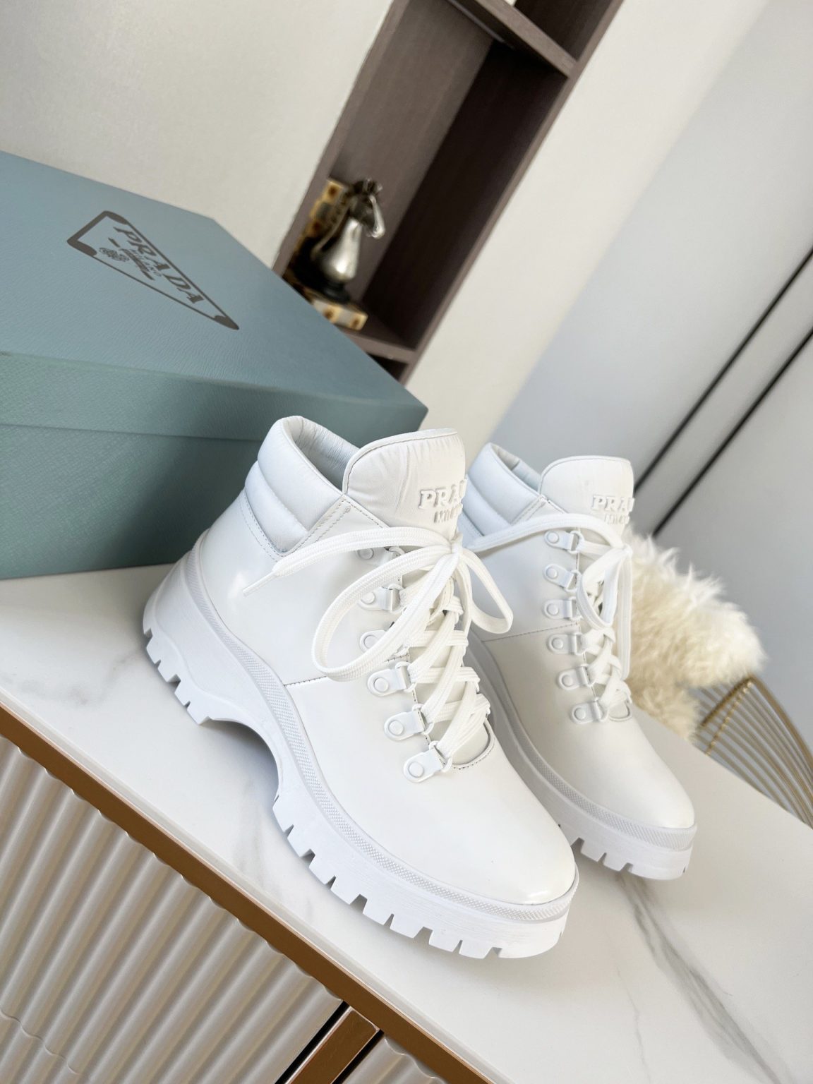 Prada Shearling High-Top Sneakers White For Women PRD