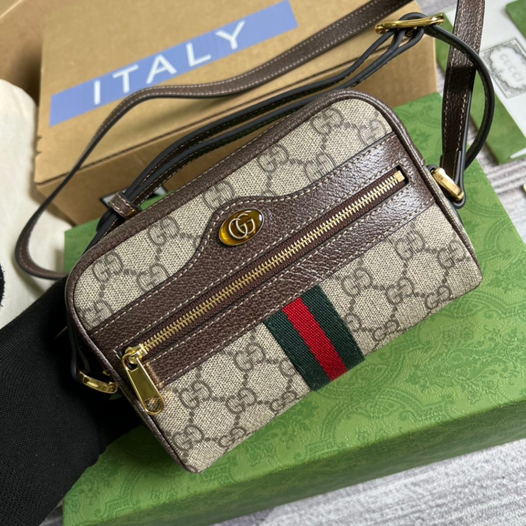 Gucci Ophidia Mini GG Bag Beige/Ebony GG Supreme Canvas With Brown For Women  7in/17.5cm GG 517350 96IWS 8745