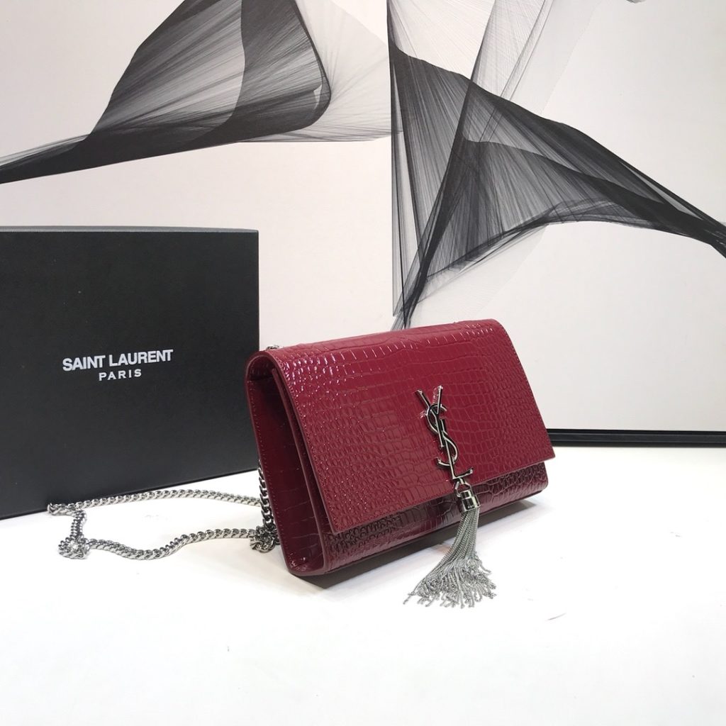 Saint Laurent Kate Medium Chain Bag With Tassel In Shiny-Embossed Burgundy For Women 9.4in/24cm