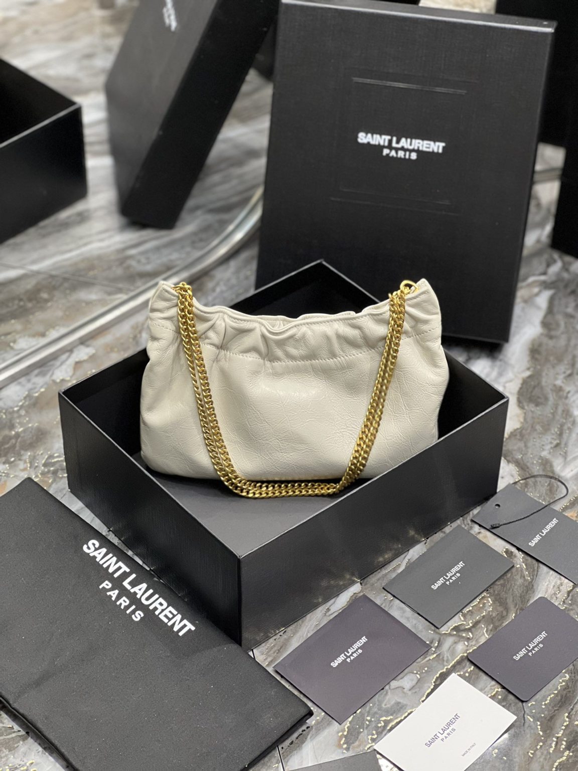 Saint Laurent Hobo Mini Bag White With Bronze Toned Hardware For Women 9.4in/24cm YSl