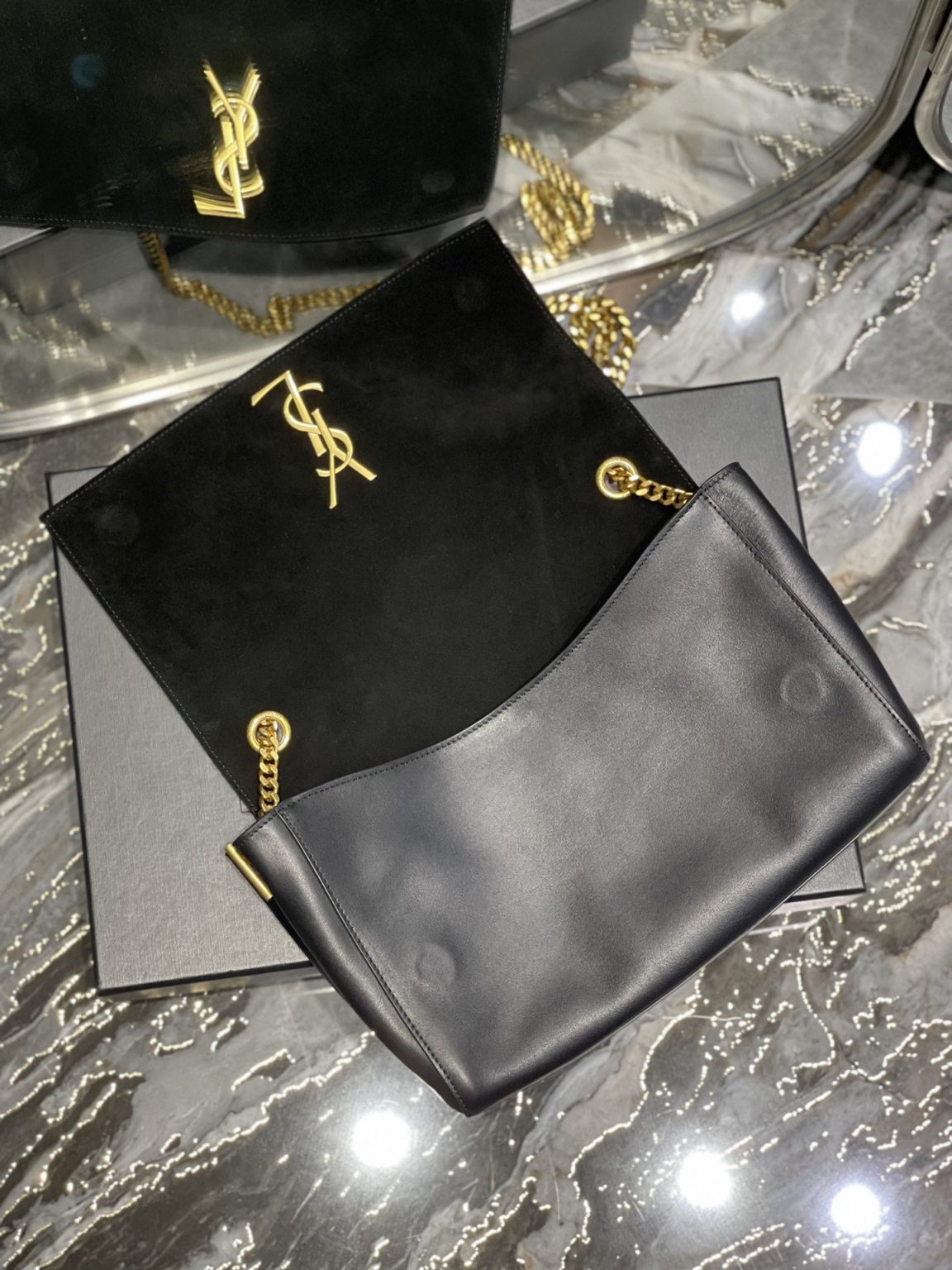 Saint Laurent Kate Medium Reversible Chain Bag Black In Suede With Gold Hardware For Women 11.2in/29cm YSL