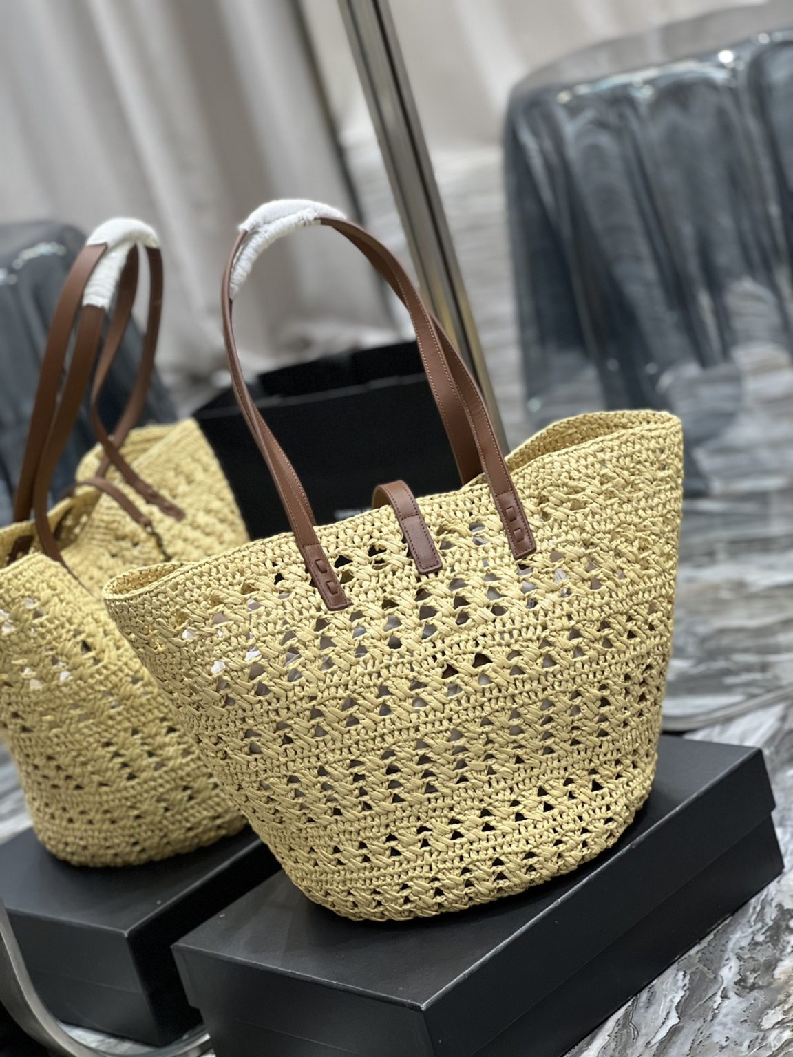 Saint Laurent Hollow Straw Woven Tote Bag Yellow For Women, Women’s Bags 21.6in/55cm YSL