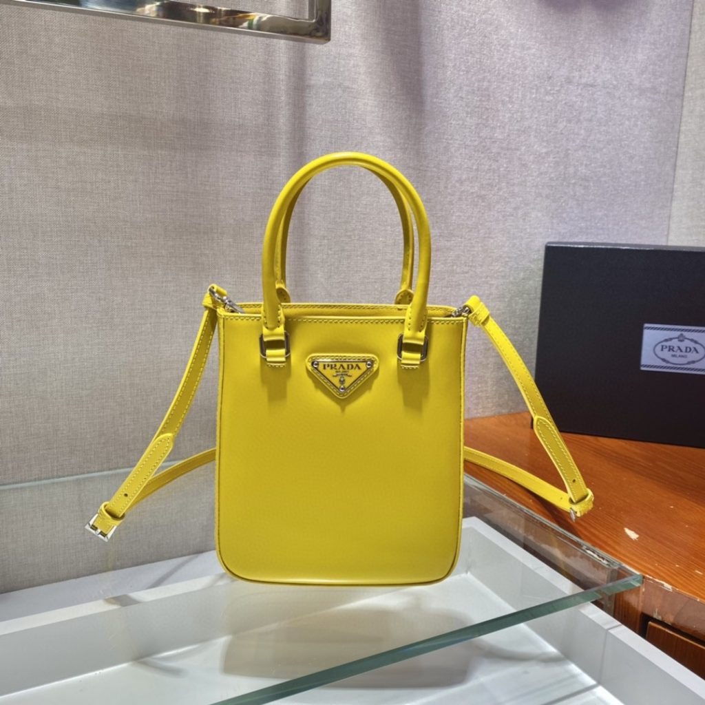 Prada Small Brushed Tote Yellow For Women, Women’s Bags 6.9in/18cm 1BA331_ZO6_F0ZNZ_V_OOO