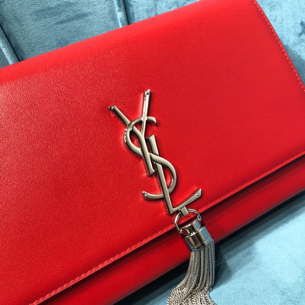 Saint Laurent Kate Medium Chain Bag With Tassel In Grain De Poudre Red For Women 9.4in/24cm YSL